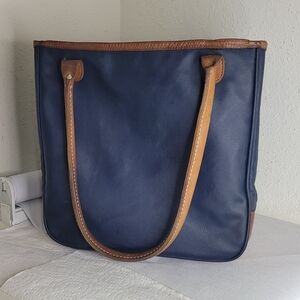 Jon Hart Medium Tote Bag Navy Blue Coated Canvas & Tan Leather